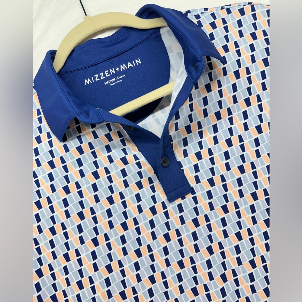 Mizzen Main Men's Versa Polo All Over Geometric Print Pattern Blue Collar M